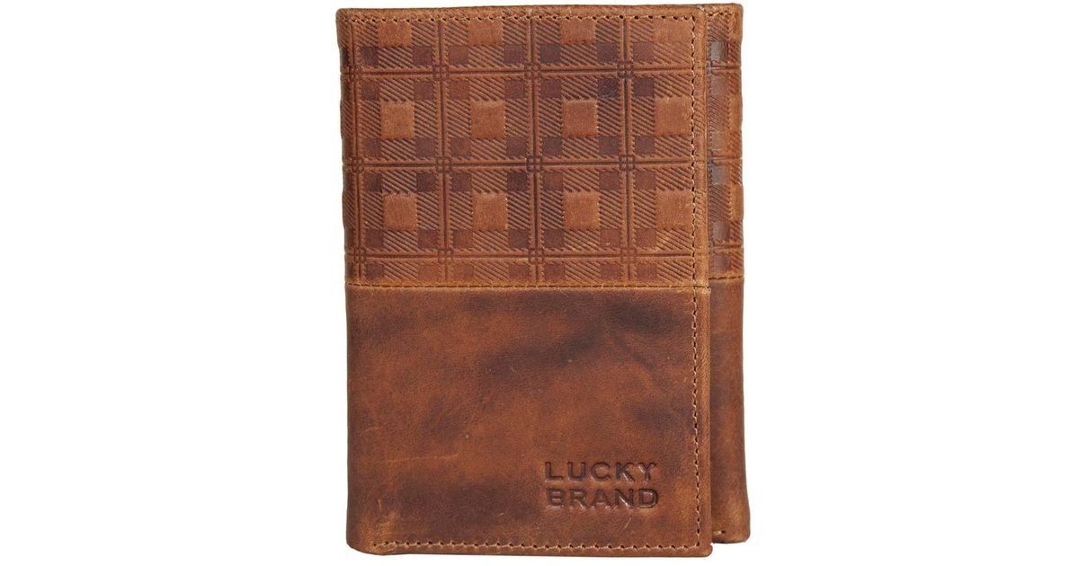 Lucky Brand Plaid Embossed Leather Trifold Wallet in Brown for Men | Lyst