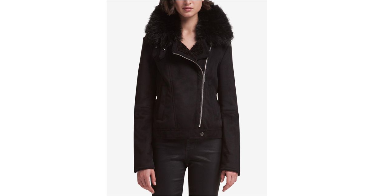 Dkny Black Faux Fur Trim Moto Jacket Created For Macy S