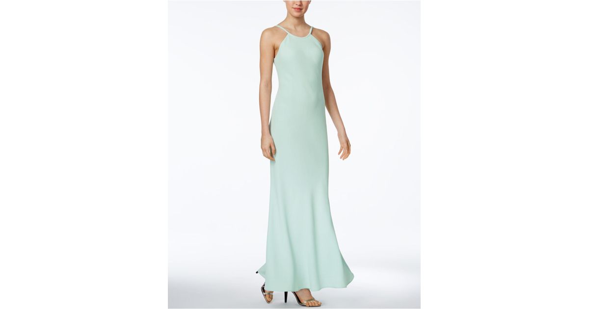 calvin klein open back halter gown