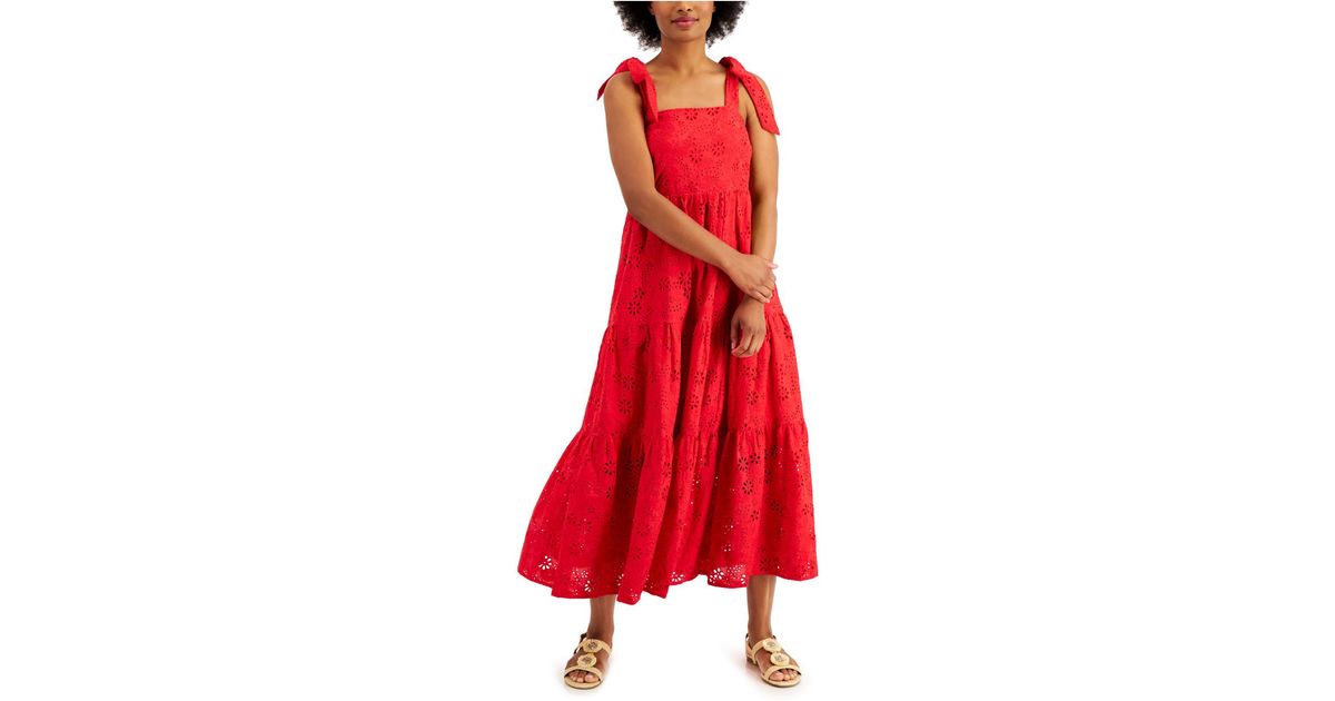 Charter Club Petite Cotton Eyelet Midi Dress, Created For Macy's in Red |  Lyst