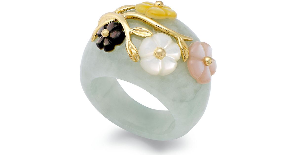 Macy's Jade And Multicolored Mother Of Pearl (8mm) Flower Ring In 14k