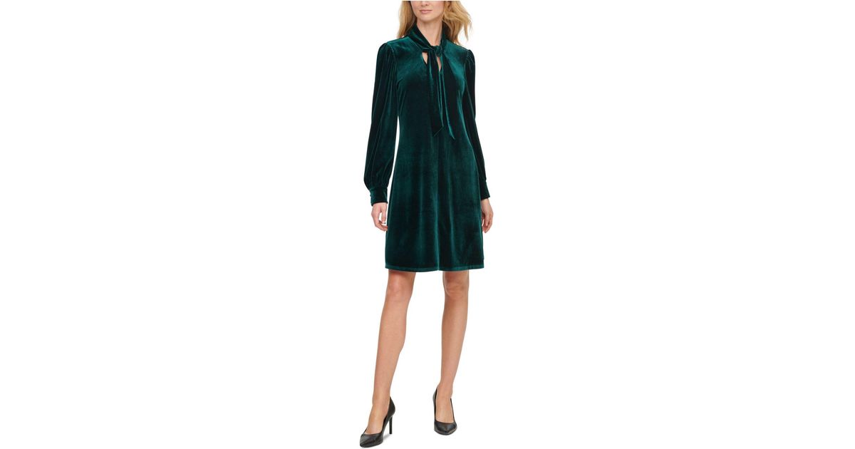 Calvin Klein Velvet Tietrimmed Vneck Dress in Green Lyst