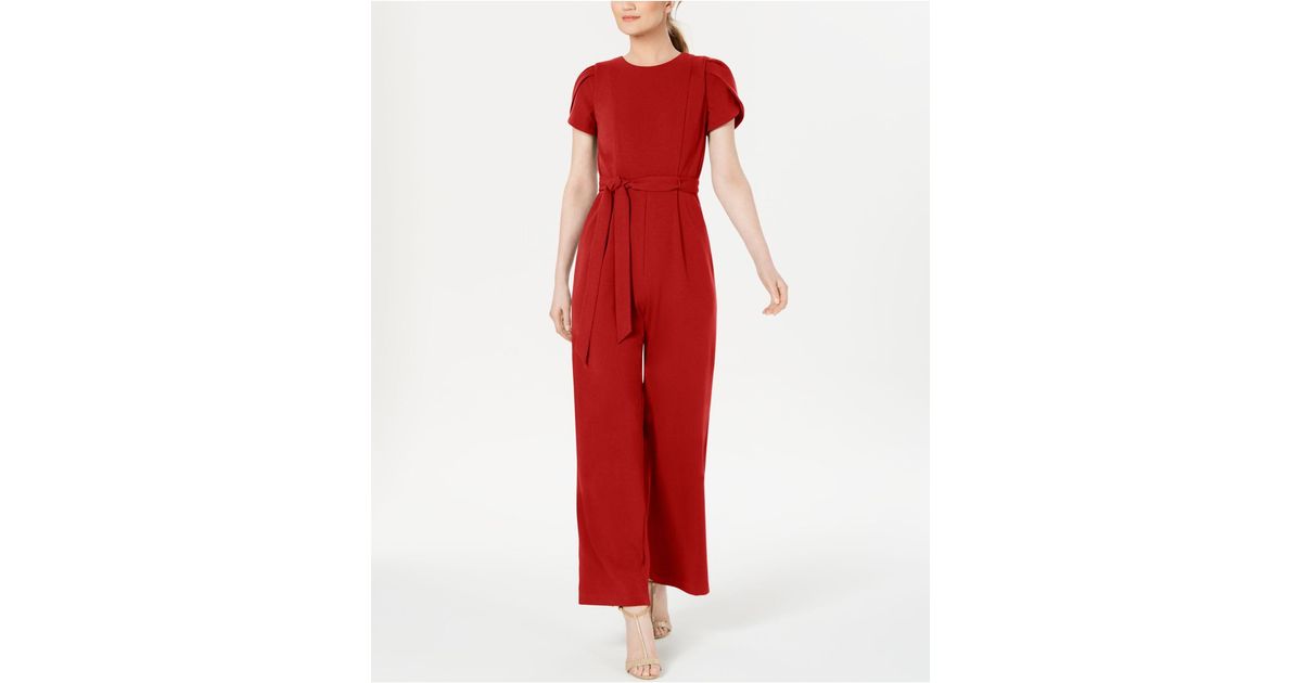 Calvin Klein Belted Puff-sleeve Jumpsuit in Red | Lyst