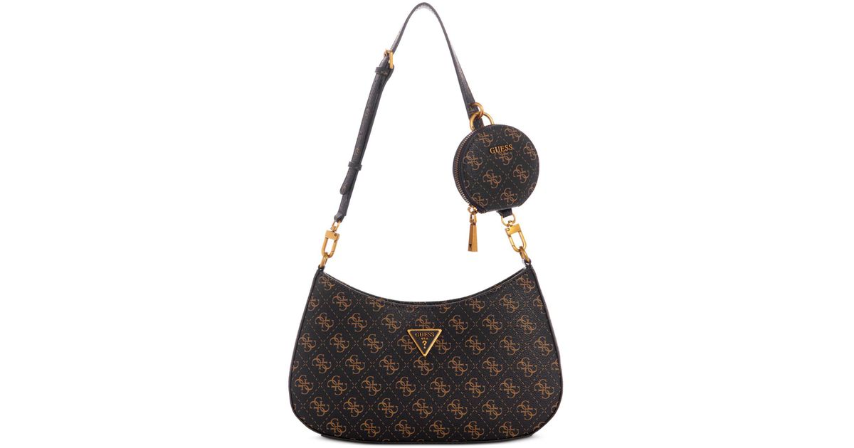 guess alexie top zip shoulder bag brown logo
