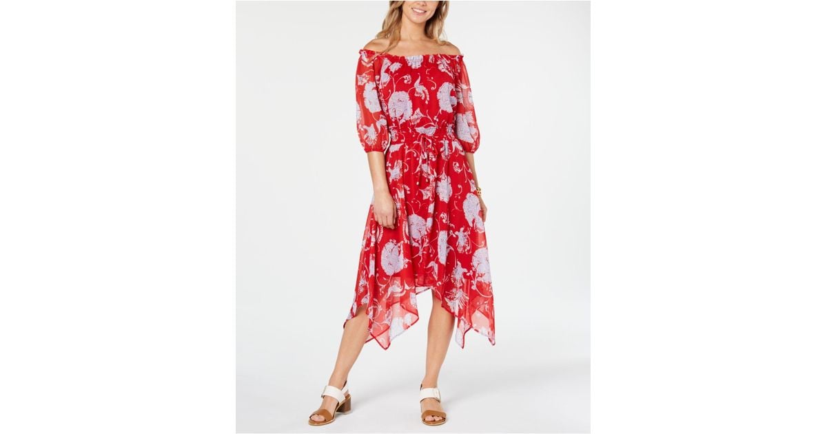 macy's off the shoulder red dress