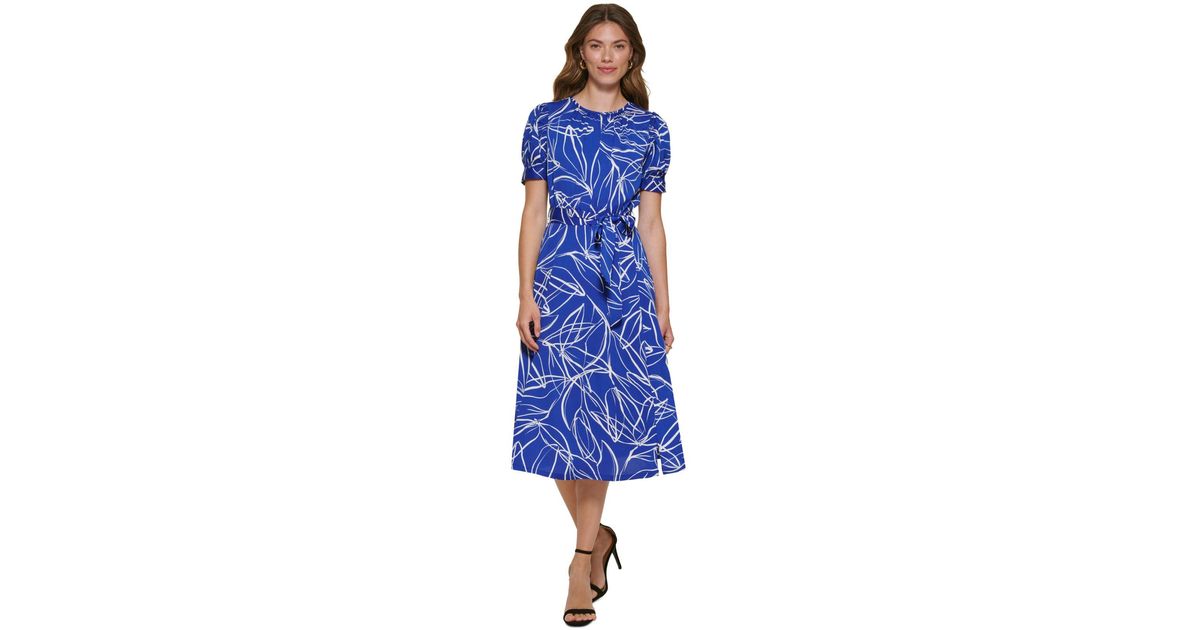 DKNY Printed Puff-sleeve Midi Dress in Blue | Lyst