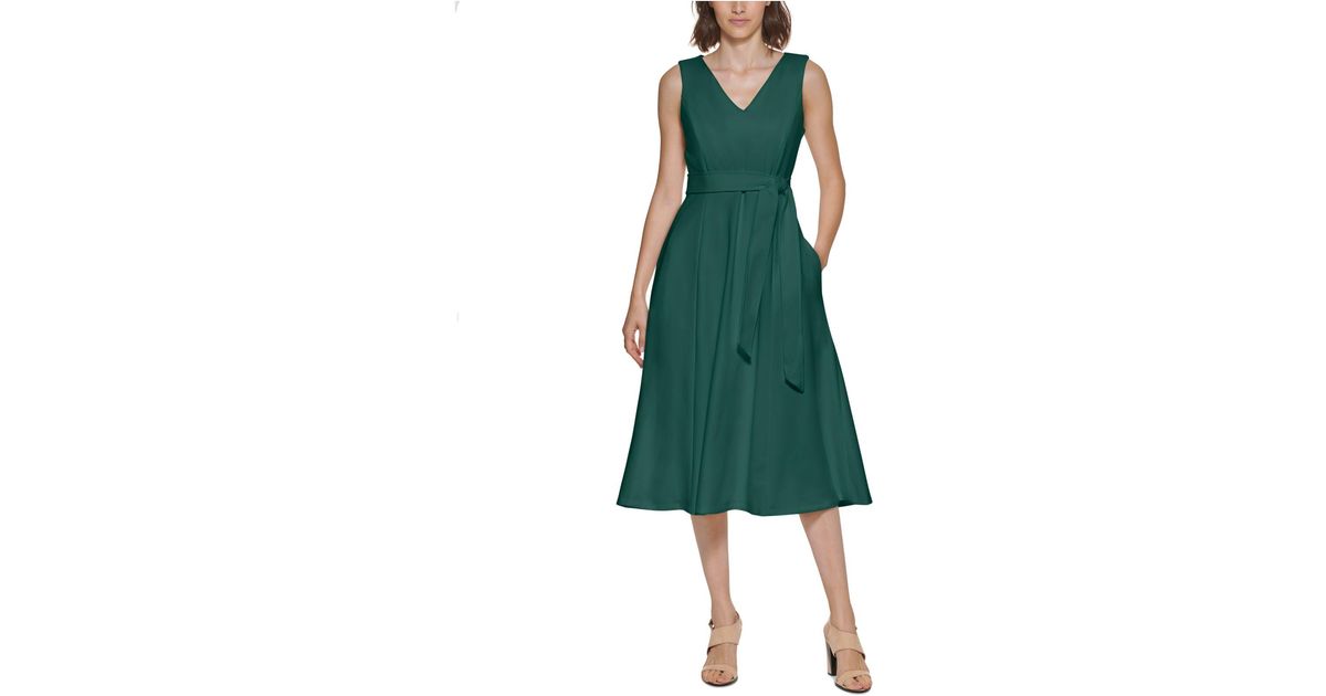 RW&CO. - Sleeveless Fit and Flare Dress with Funnel Neckline Green Moss  Multi