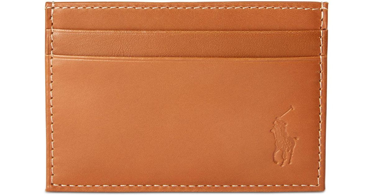 Polo Ralph Lauren Burnished Leather Card Case With Money Clip in Brown