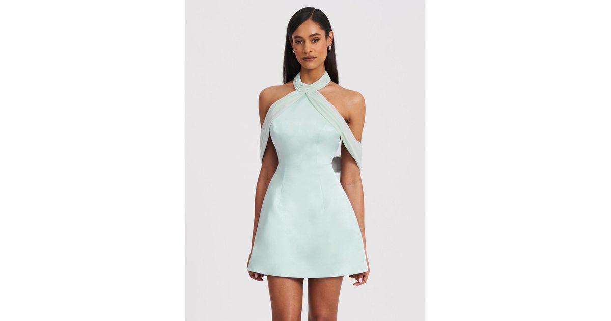 Miss Circle Zafrina Light Cyan Halter Off-shoulder Backless Mini Dress in  White | Lyst
