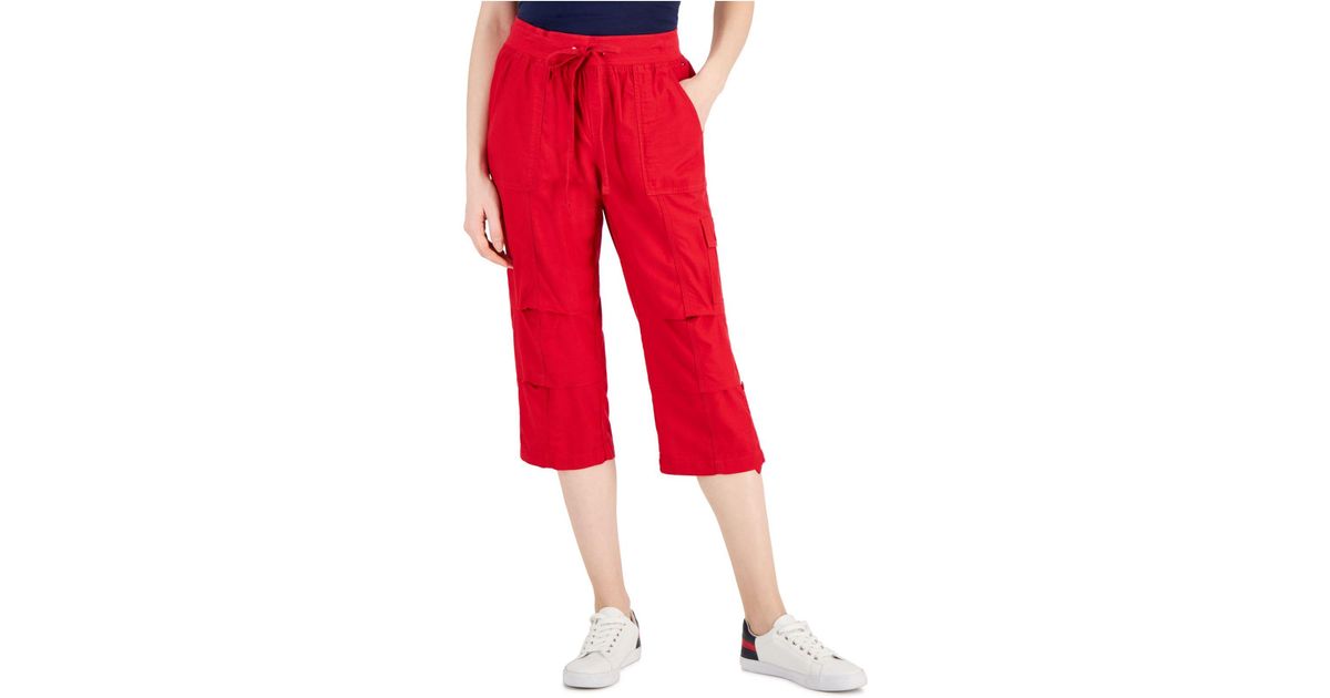 Tommy Hilfiger Solid Cropped Cargo Pants in Red | Lyst