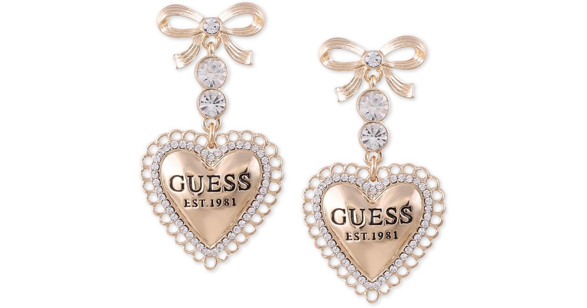 Guess Gold-tone Crystal Bow & Logo Heart Drop Earrings in Metallic - Lyst