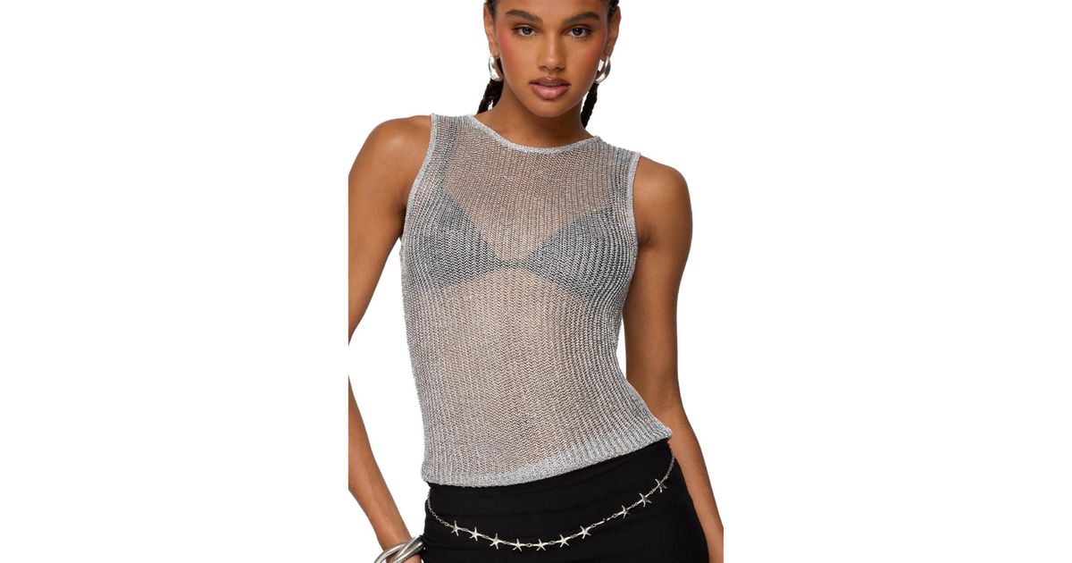 Edikted Amalya Shiny Sheer Knit Top in Gray Lyst