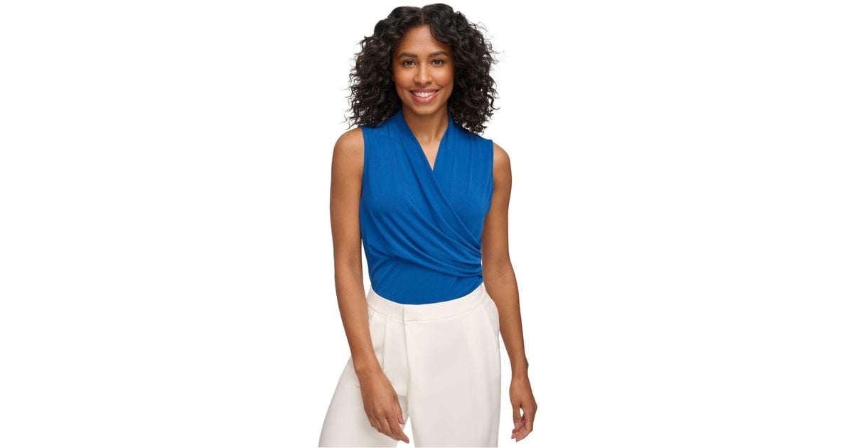 DKNY Surpliceneck Fauxwrap Sleeveless Top in Blue Lyst
