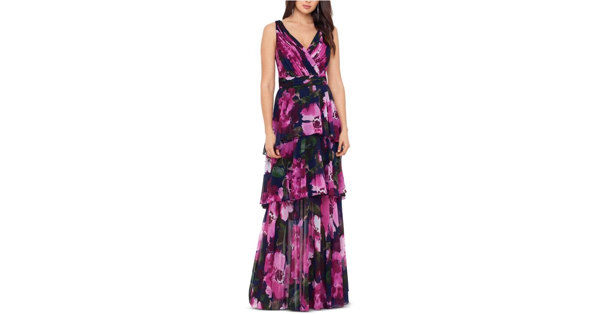 xscape floral tiered chiffon gown