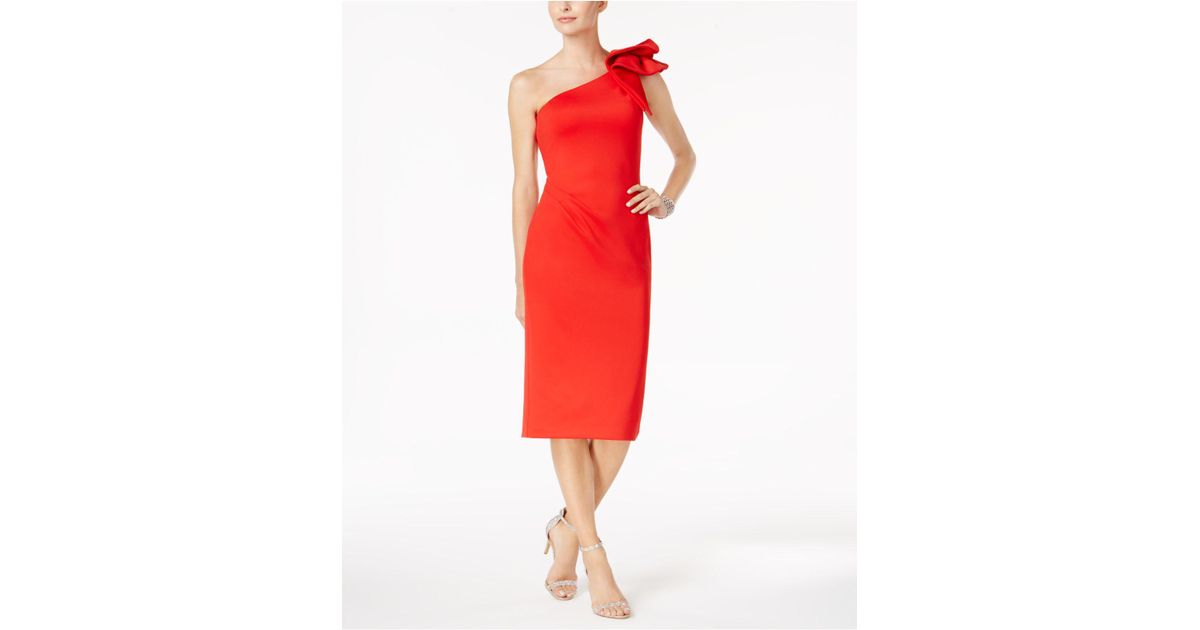 Betsy & Adam Womens Petite Ruffled One-Shoulder Dress 10P, Red