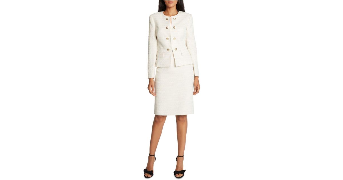 Tahari Tahari Collarless Faux-double-breasted Skirt Suit in White | Lyst
