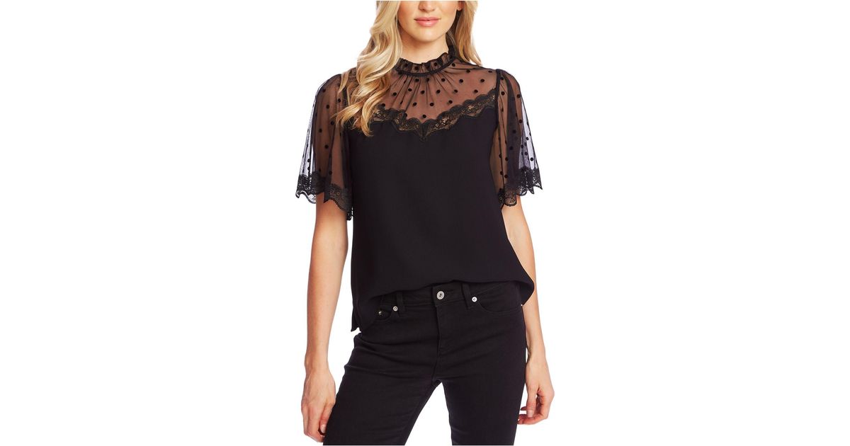Cece Mixed Media Flocked Dot & Lace Blouse in Black Lyst