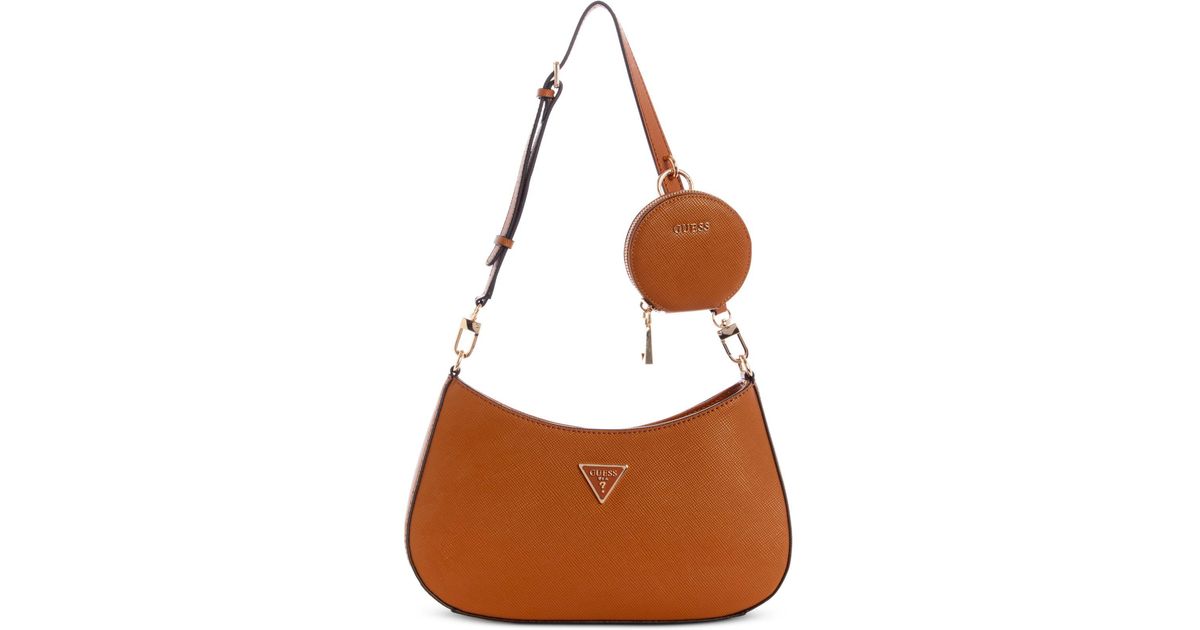 guess alexie top zip shoulder bag brown logo