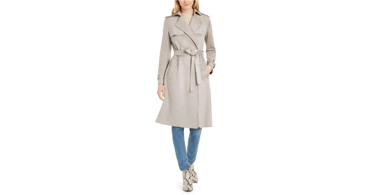 Tahari Faux-suede Belted Trench Coat in Taupe (Natural) - Lyst