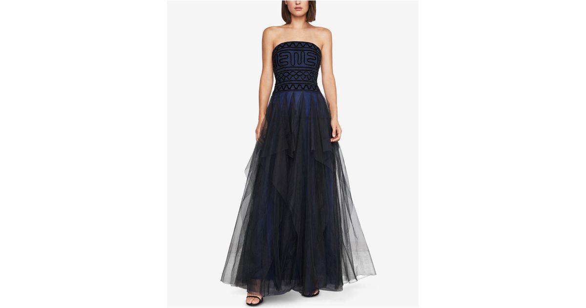 bcbg strapless embroidered lace gown