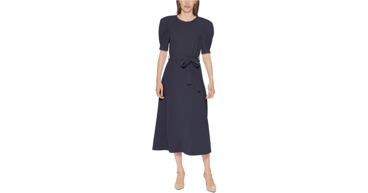 Calvin Klein Synthetic Puff-sleeve Belted Midi Dress in Indigo (Blue ...