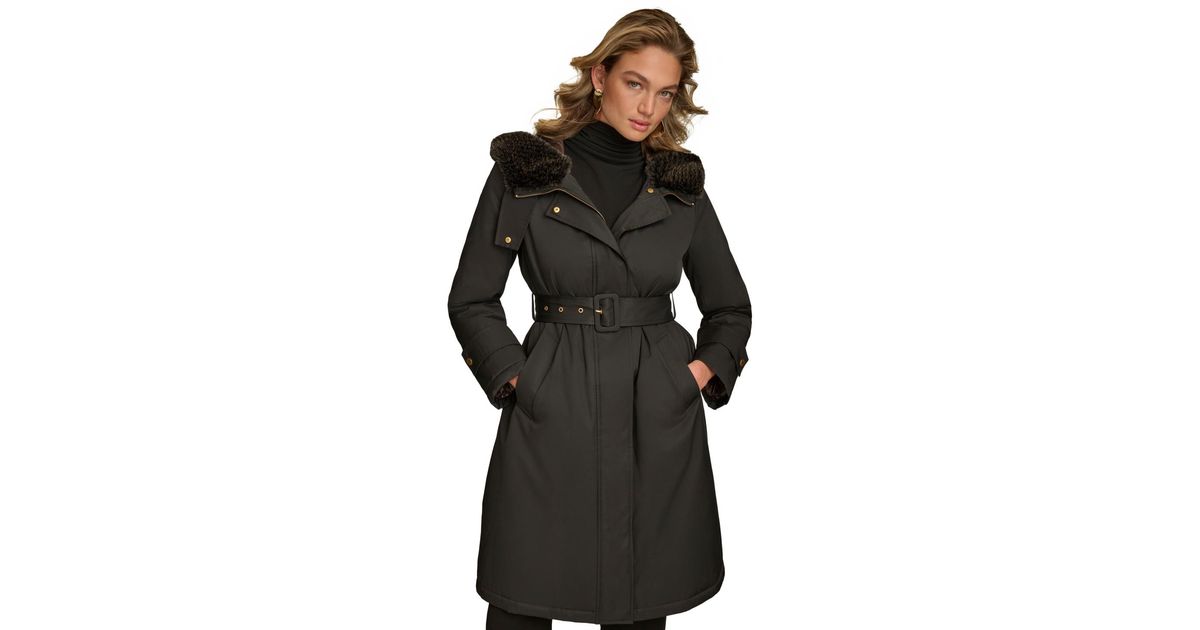 Donna Karan Faux fur trim Hooded Raincoat in Black Lyst