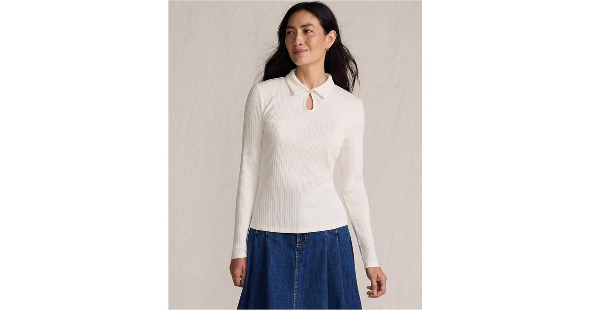 Keyhole Rib Closure Lands' End Long Sleeve Pointelle Rib Keyhole Polo Top in White | Lyst