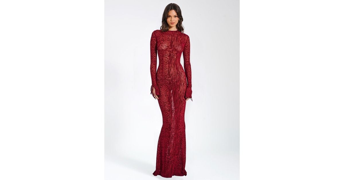 knee length dresses for ladies Waylynn Black Animal Print Burnout Velvet Detail Mesh Backless Maxi Dr main image 1