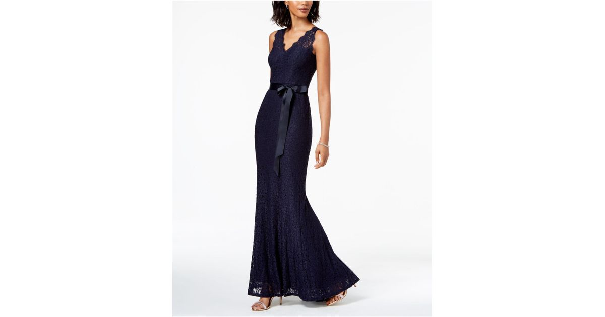 adrianna papell belted lace gown