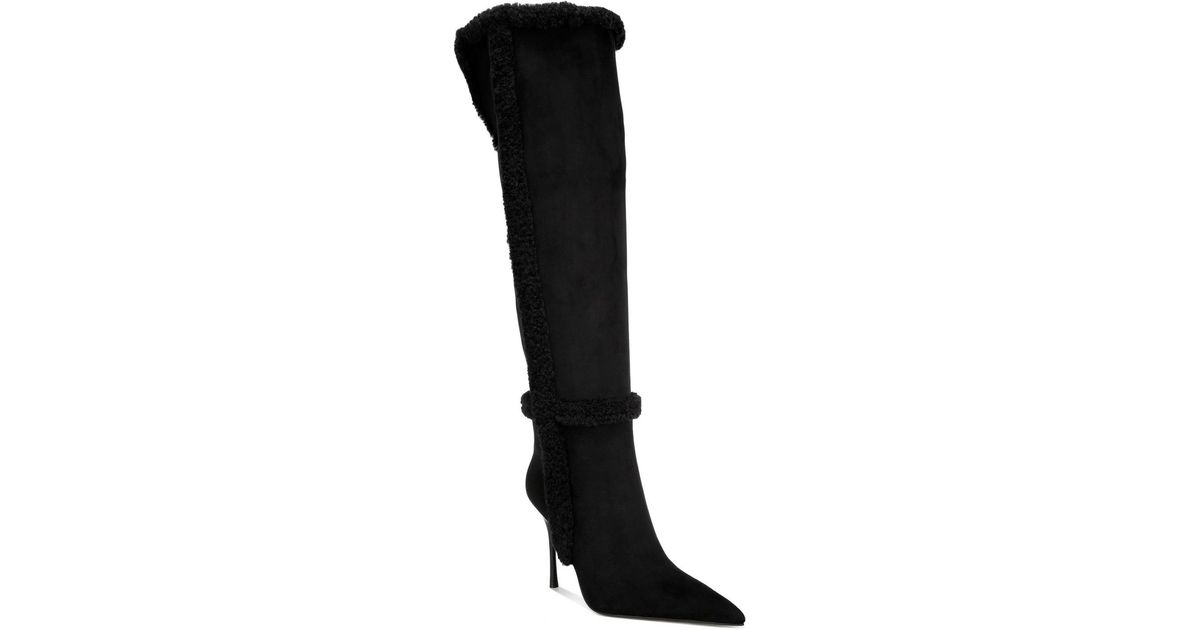 LONDON RAG Jenah Pointed Toe Stiletto Heel Faux Shearling Trim Boots in ...