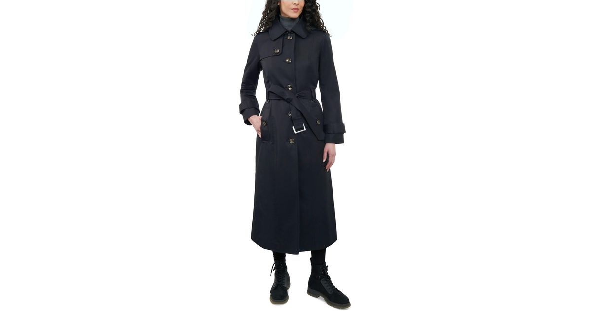 London Fog Hooded Belted Maxi Trench Coat in Blue | Lyst