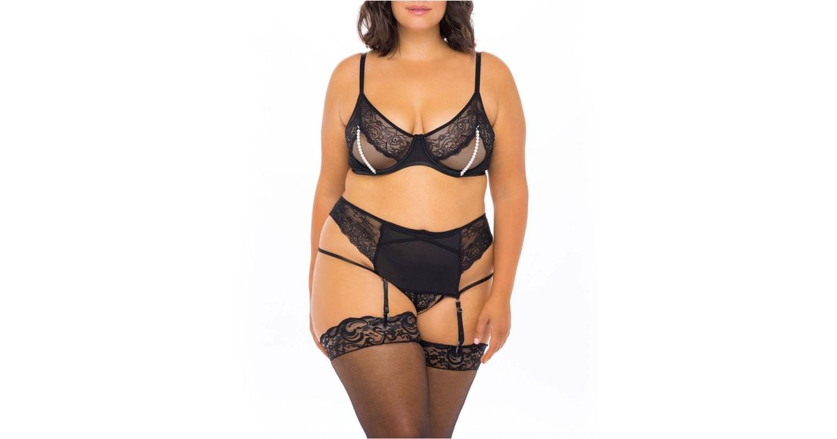 Oh La La Cheri Plus Size Lace And Imitation Pearls Open Cup Bra And  Matching G-string Set, 2pc Lingerie Set in Black