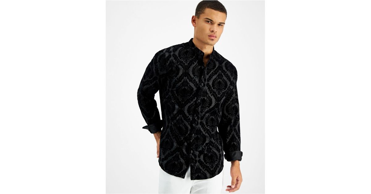 INC International Concepts Flocked Baroque Bandcollar Shirt, Created