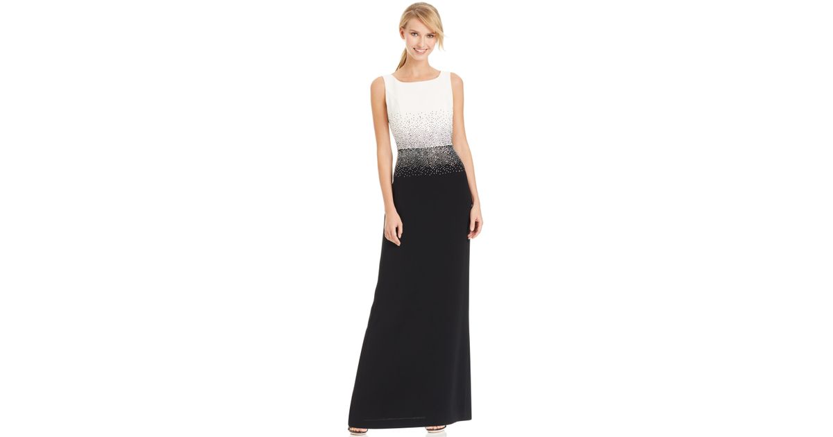 Calvin klein Studded Colorblocked Evening Dress in Black | Lyst