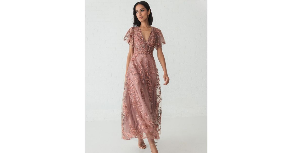 Mac Duggal Embroidered Flutter Sleeve A Line V Neck Dress in Pink | Lyst