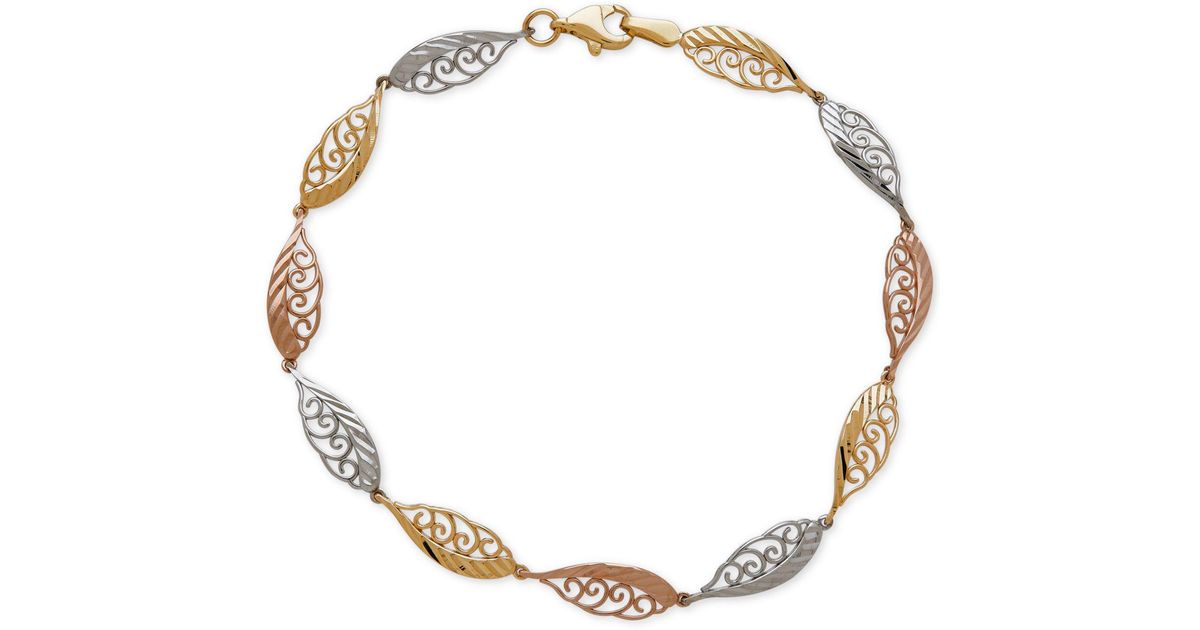 Macys Metallic Tri Tone Feather Look Filigree Link Bracelet In 14k Yellow White And Rose Gold