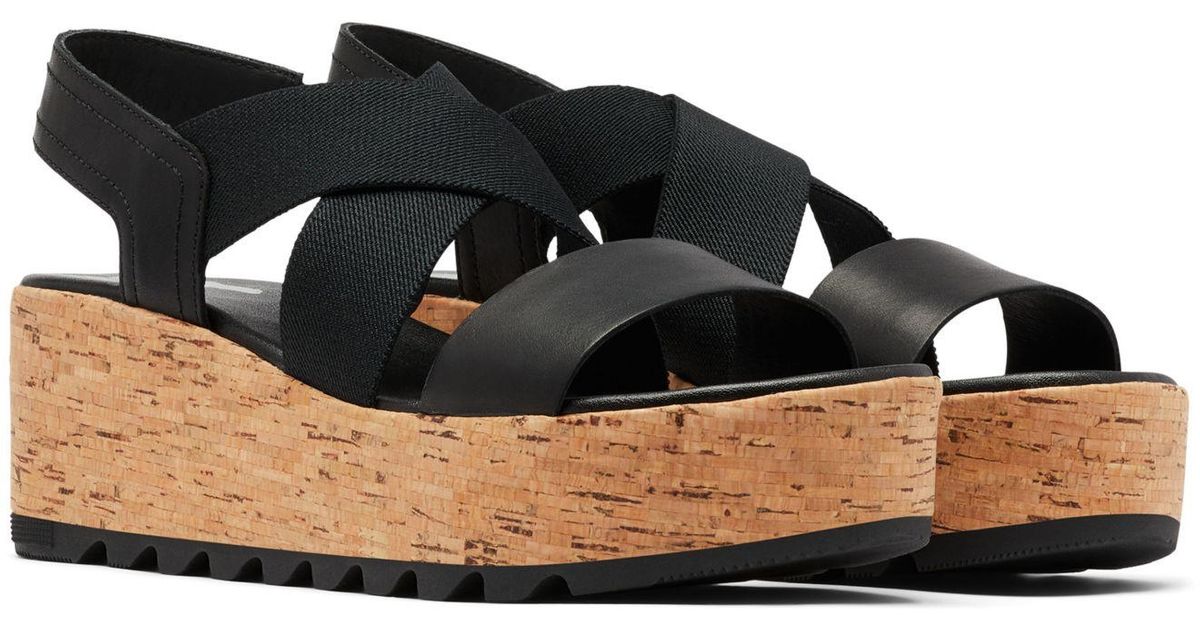 Sorel Leather Cameron Flatform Slingback Sandals in Black - Lyst