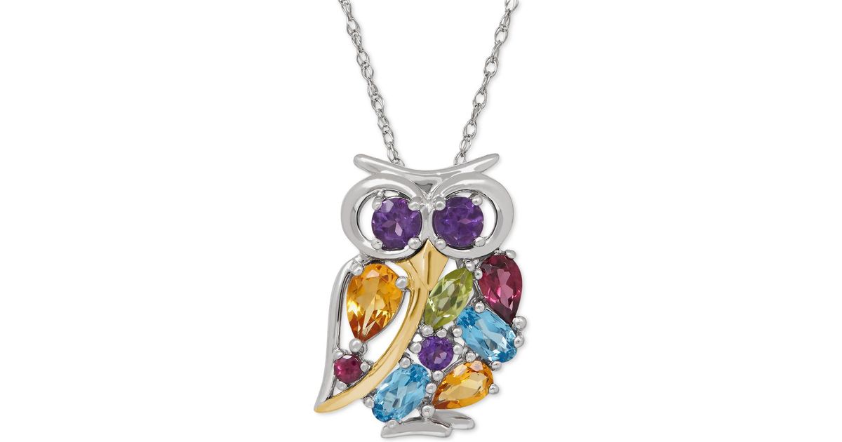 Macy's Multigemstone Owl Pendant Necklace (2 Ct. T.w.) In Sterling Silver And 14k Goldplated
