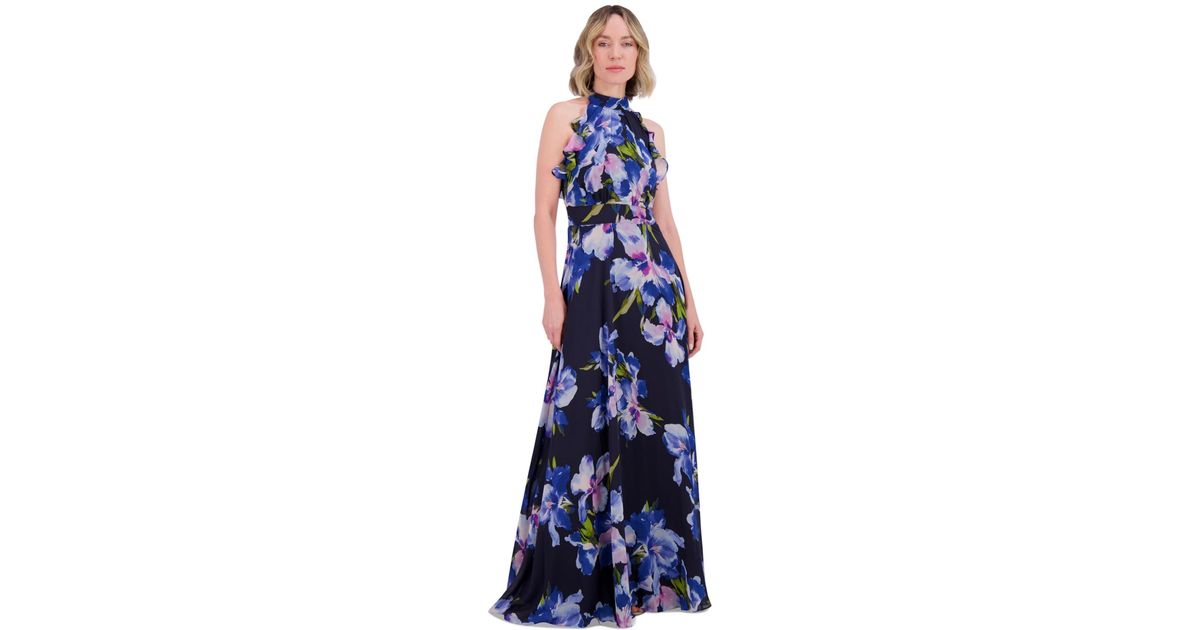 Eliza J Floral Chiffon Ruffled Halter Maxi Dress in Blue | Lyst