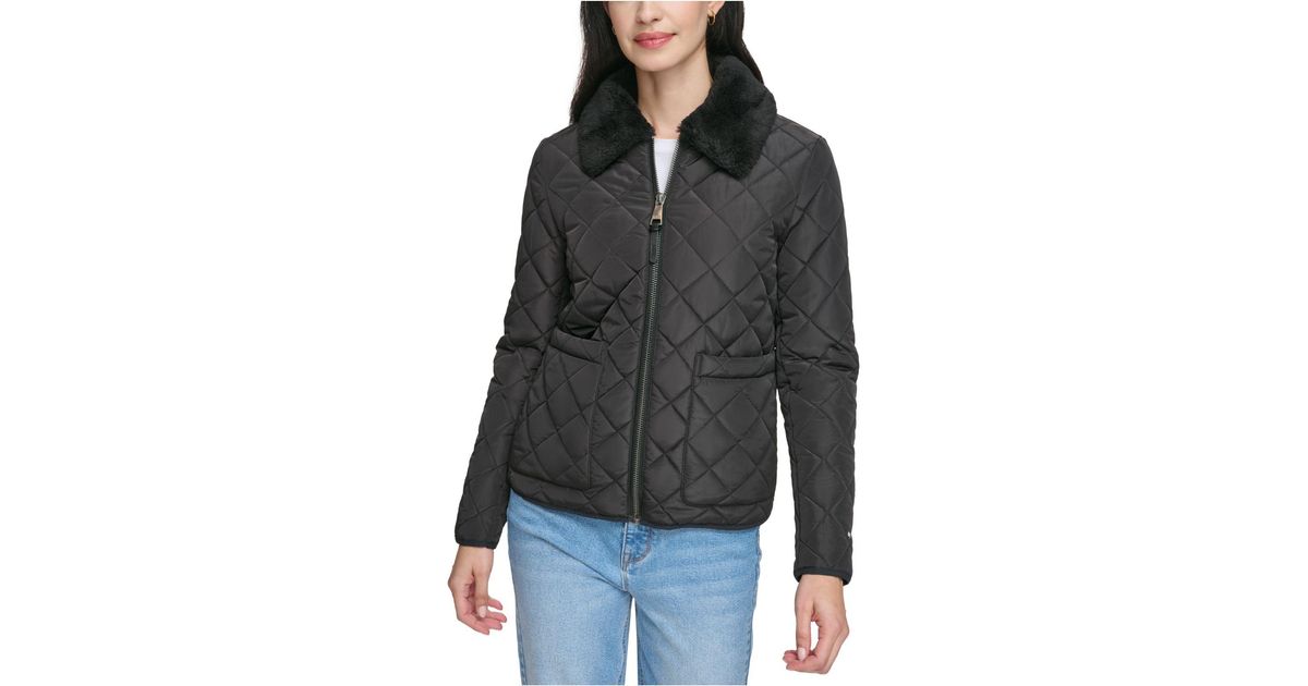 DKNY Faux-fur-collar Quilted Coat in Black | Lyst