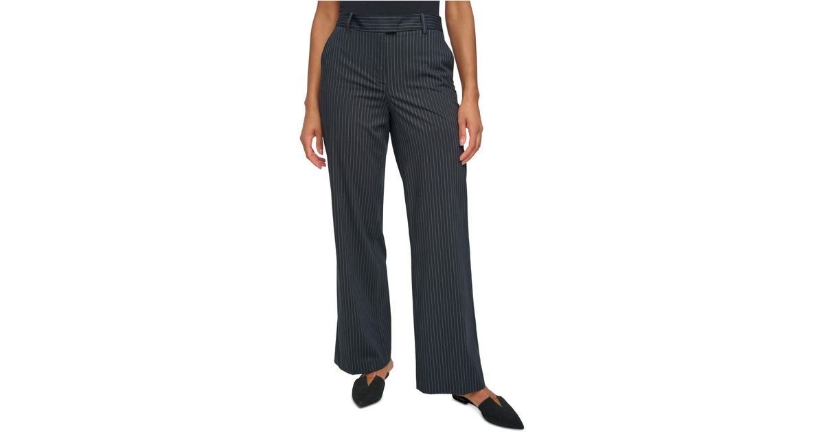 DKNY Pinstripe Tab-waist Wide-leg Pants in Black | Lyst