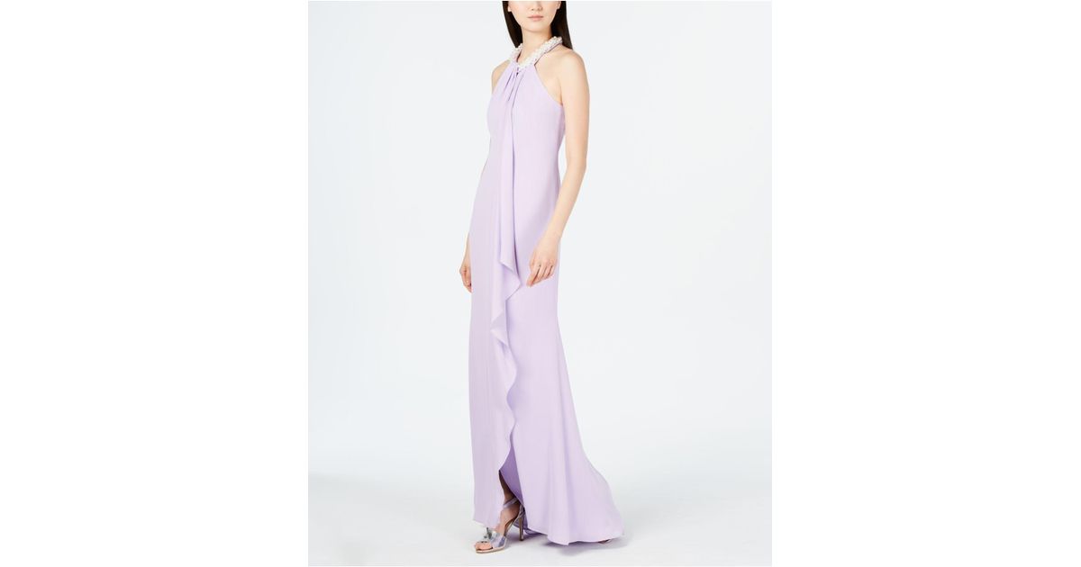 calvin klein pearl neck ruffle draped evening gown