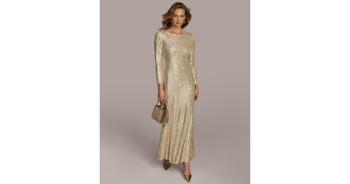 Donna Karan Sequin Jewel-neck Gown in Natural | Lyst