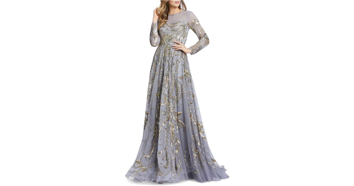 mac duggal embellished mesh gown