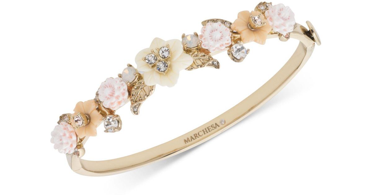 Marchesa Goldtone Crystal Flower Bangle Bracelet in Metallic Lyst