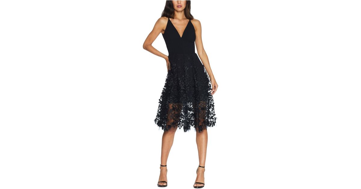 Dress the Population Synthetic Darleen Deep-v Floral-appliquÃ© Dress in Black - Lyst