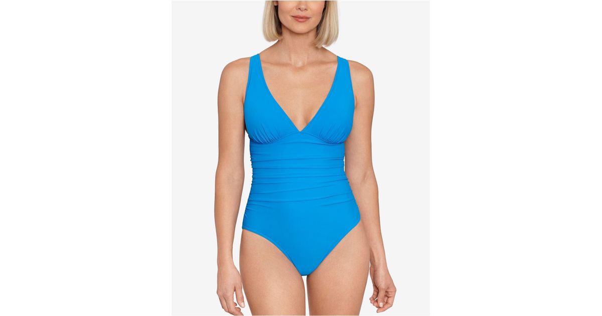 Swim Solutions Tummy Control Plunge Mio One Piece Swimsuit Created For Macy S In Blue Lyst