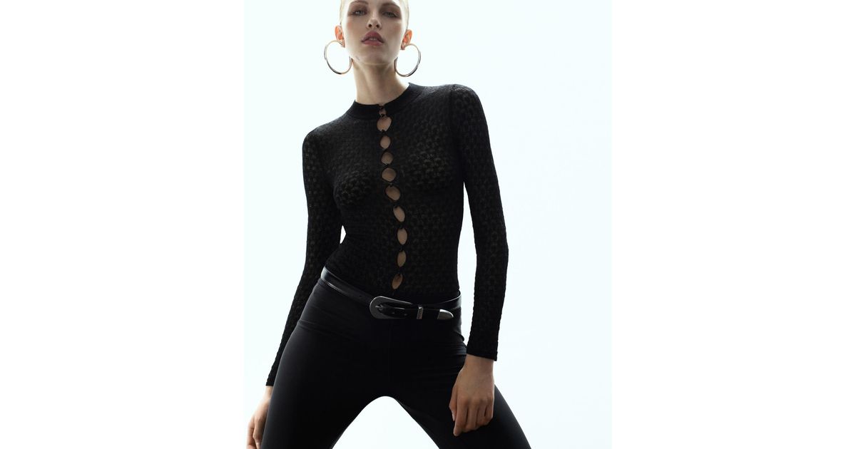 Mango Beading Detail Openwork Knit Sweater in Black | Lyst
