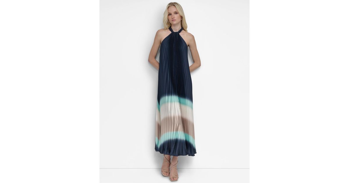 DKNY Halter Sunray-pleated Ombre Dress in Blue | Lyst