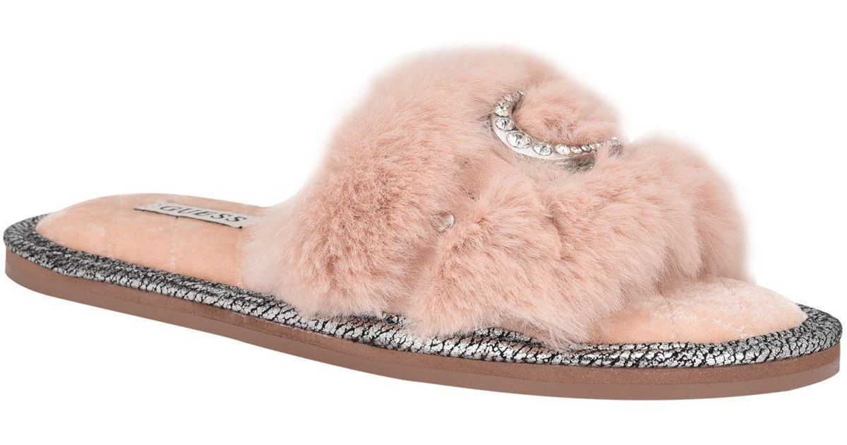 Guess Sannah Furry Sandal Slippers in Pink | Lyst